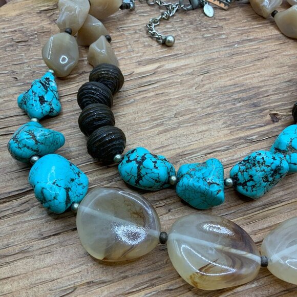 Chico's Turquoise Howlite Brown Natural Beaded Stones Double Strands Necklace - Picture 1 of 8